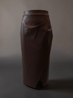 Commense Chocolate Brown Faux Leather Pencil Skirt
